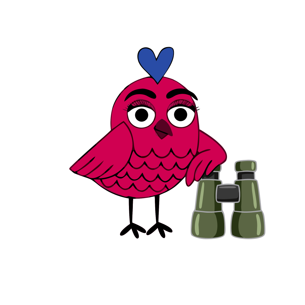 Coach Starling: the pink bird with a pair of binoculars at her side, having just lowered them.