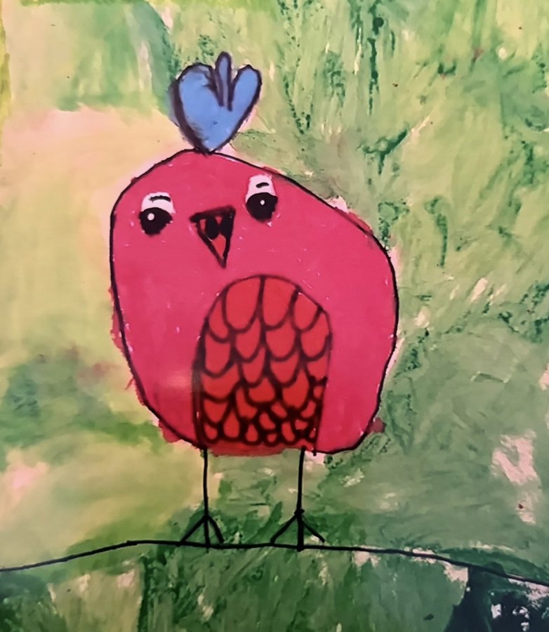 The original painting: a round pink bird with a blue heart-shaped crest, perched on a line against a green background.