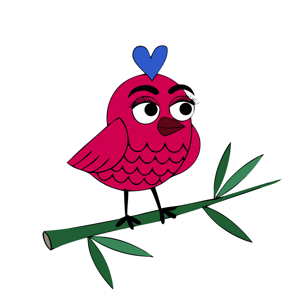 The Pink Bird Mahj mascot: a bright pink bird with a blue heart crest, perched on a bamboo branch.